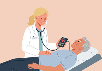 A doctor with a stethoscope uses a smartphone device on a patient lying on a medical bed