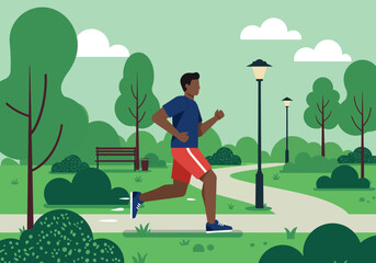 A man jogs in a park with trees benches lamps bushes a path and clouds