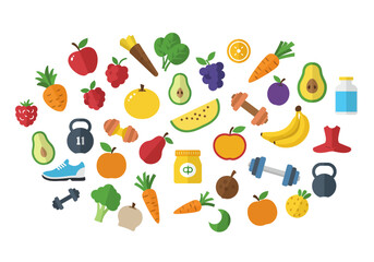 An arrangement of fruits vegetables and fitness equipment on a white backdrop