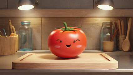 Smiling Tomato on Chopping Board: A vibrant, smiling tomato, with a cheerful face, perches on a wooden chopping board in a warm, inviting kitchen setting.