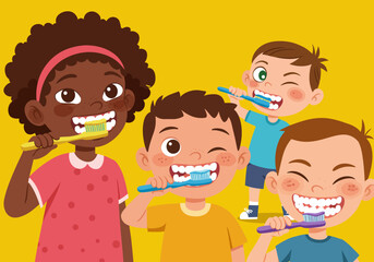 Four cartoon kids are winking while brushing teeth with toothbrushes