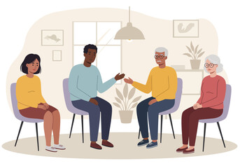 Four people sit in chairs seemingly in a therapy session engaged in conversation in a bright plantfilled room