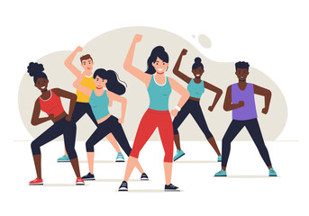 Group of six people dancing in activewear against a neutral backdrop