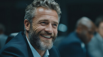  a brightly lit conference room, a diverse group of business professionals engaged in a animated discussion during a meeting at an office building

