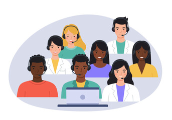 Illustration diverse group with headsets one laptop neutral backdrop