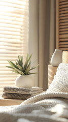 Inspiring cozy bedroom decor green plants natural light and a warm interior vibe close-up
