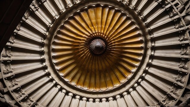 Intricate Architectural Dome - Detailed Ceiling with Radial Design for Interior Design Mockups and Cultural Backgrounds, Featuring Ornate Plasterwork and Warm, Golden Light