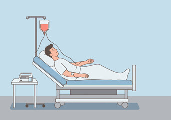 Man in hospital bed with IV drip resting