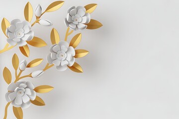 Fototapeta premium Elegant Minimalist 3D Paper Flowers Gold & White Floral Composition