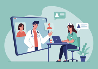 Nurse assists a doctor in an online consultation using a laptop while the doctor interacts via a large tablet