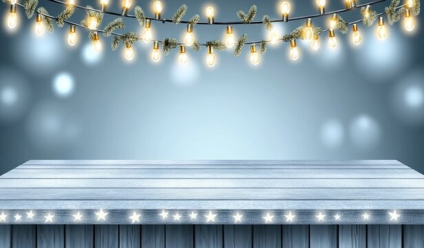 Light strings and branches over a wooden table