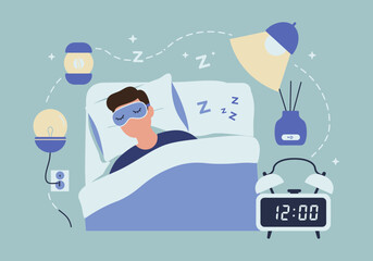 Sleeping man in bed with alarm clock reading 1200 and various sleeprelated icons and objects around him