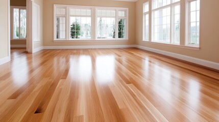 Obraz premium Spacious room with polished hardwood floor and large windows for natural light