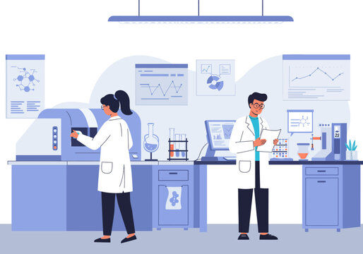 Two scientists in a lab one at a machine the other reading papers both in white coats