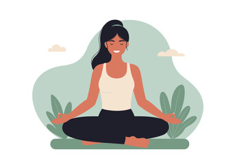 Woman in lotus position meditates outdoors with closed eyes serene expression