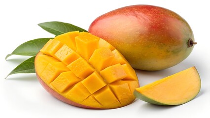 Whole and Sliced Ripe Mangoes with Leaves