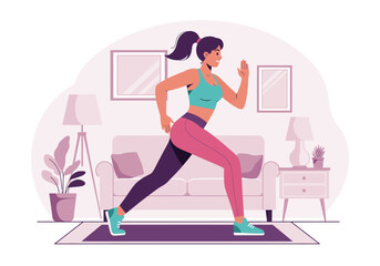 Woman in activewear does a lunge in a stylish room with lamps a plant framed art and a couch on a dark purple mat