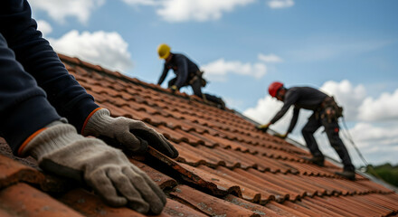 Roof repair team working hard on a residential home roof replacement project