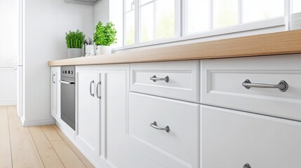 Modern Kitchen Interior with White Cabinets and Wood Countertop Design