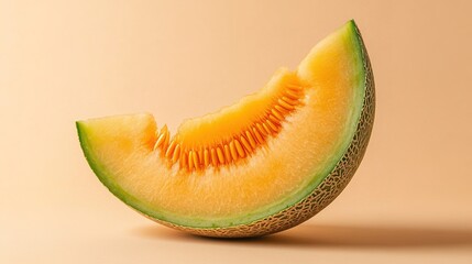 A fresh, juicy cantaloupe melon slice with seeds, displayed against a soft peach background.