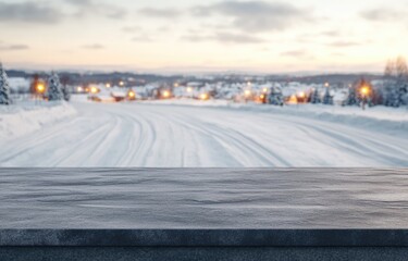 Snowy winter scene with a grey wooden table top