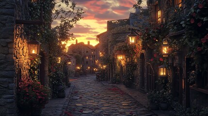 Fototapeta premium Charming cobblestone street at dusk, lit by warm lanterns, creating a cozy and inviting atmosphere.