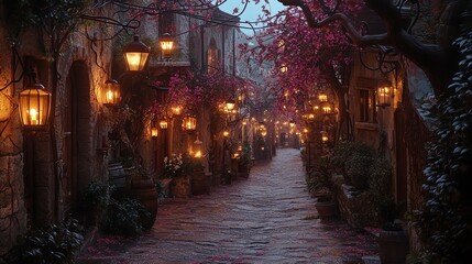 Romantic cobblestone alleyway lit by warm lanterns and adorned with blossoming trees. A magical, inviting scene.
