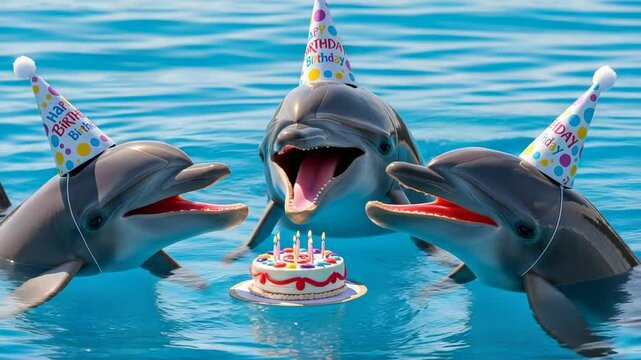 Three dolphins celebrating birthday with cake in water. Dolphins wear party hats and enjoy delicious birthday cake. Happy birthday concept for greeting cards and world whale and dolphin day