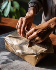 Close-up of hands unwrapping product from compostable packaging, capturing eco-friendly unboxing moment with soft directional lighting, ideal for sustainable consumption and green product concepts