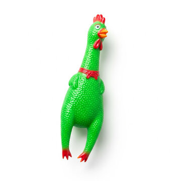Green rubber chicken toy isolated on white for comedy entertainment branding, viral marketing campaign, and practical joke novelty product showcase