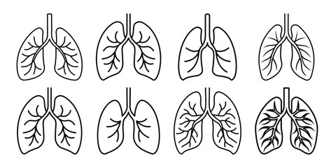 set of vector lungs organ line art on white background, icon collection