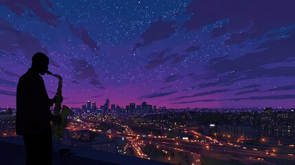 Silhouette of Saxophonist Under Starry Night Over City Skyline
