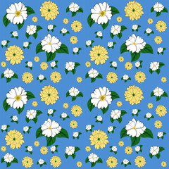 White and Yellow Floral Pattern on a Bright Blue Background