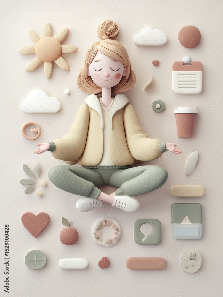 Poster explore effective self-care daily habits with calm female character illustration in clay 3d style fe