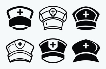 Nurse hat icon, nurse hat set,  black vector silhouettes 