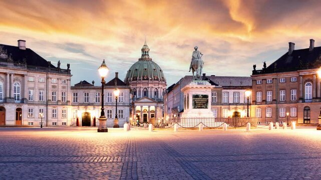 Time lapse of Copenhagen - Royal Danish Palace Amalienborg at dramatic sunrise. Royal residence, Denmark