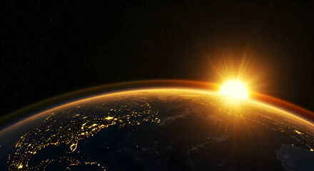 Obraz premium Sunrise Earth Space Exploration Planet View Golden Hour Cosmic Dawn New Beginning