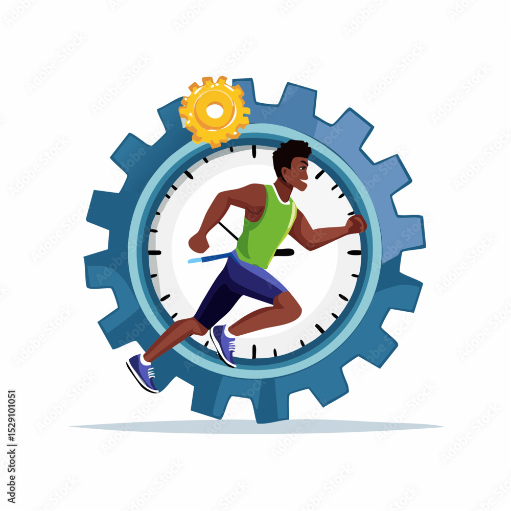 Poster vector illustration of a man running inside a clock gear representing time management.