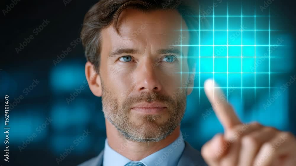Aufkleber businessman interacting with a digital interface showing futuristic data analytics in a corporate se