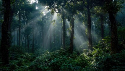 Naklejka premium Sunlight streams through misty forest canopy