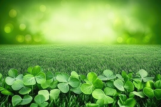 Lush green grass field, vibrant clover border, soft bokeh background