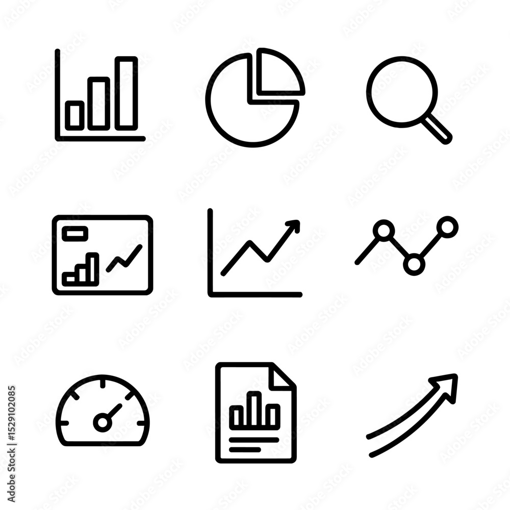 Poster analytics icon set. outline icon set of measurement and analytics: bar chart, pie chart, magnifying 