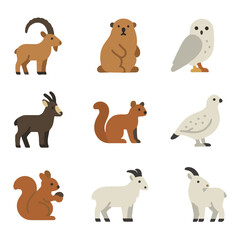 Fototapeta premium Alpine Wildlife Icons. Flat icon set of alpine wildlife: ibex, marmot, snowy owl, eagle, chamois, pine marten, ptarmigan, squirrel
