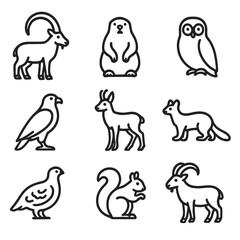 Alpine Wildlife Icons. Outline icon set of alpine wildlife: ibex, marmot, snowy owl, eagle, chamois, pine marten, ptarmigan,