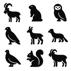 Alpine Wildlife Icons. Solid, Filled icon set of alpine wildlife: ibex, marmot, snowy owl, eagle, chamois, pine marten, ptarmigan,