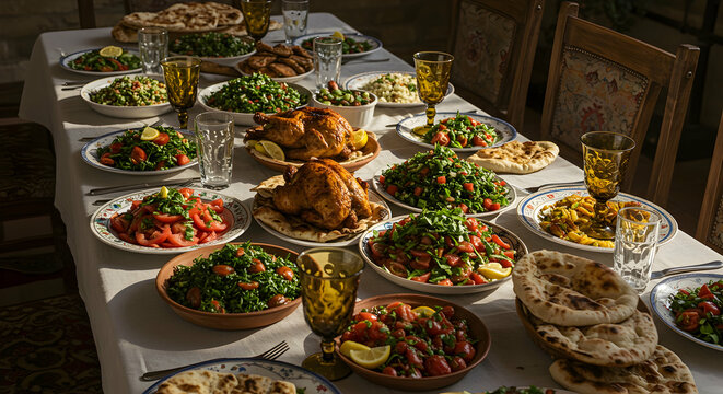 A lavish family feast abundant food delicious roasted chicken fresh salads flavorful dishes homecooked meal heartwarming gathering