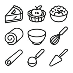 Apple Desserts Icons. Outline icon set of apple desserts and baked goods: pie slice, tart, crumble bowl, dough roll, mixing bowl,