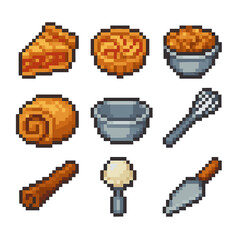 Apple Dessert Icon Collection. Pixel art icon set of apple desserts and baked goods: pie slice, tart, crumble bowl, dough roll,