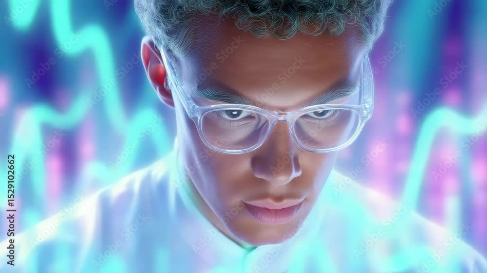 Poster focused individual analyzing data with glowing graphs in a digital environment wearing glasses and a
