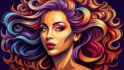 A beautiful woman’s profile featuring voluminous shiny wavy hair and a bold curly hairstyle. This fashion model girl stuns with glowing makeup and timeless beauty captured through perfect cosmetics